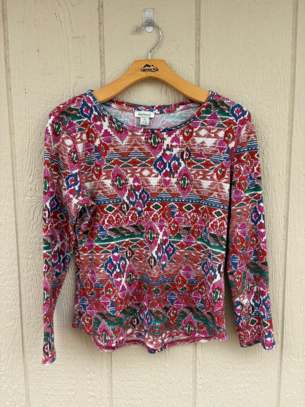 Sundance Imagination L/S Waffle Thermal T-Shirt Womens Petite L Red Boho Western
